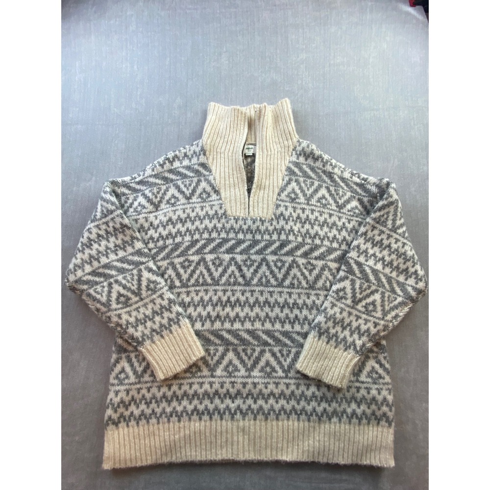 Aerie Womens Medium Grey Cream Fair Isle‎ Quarter Zip Knit Pullover Sweater M